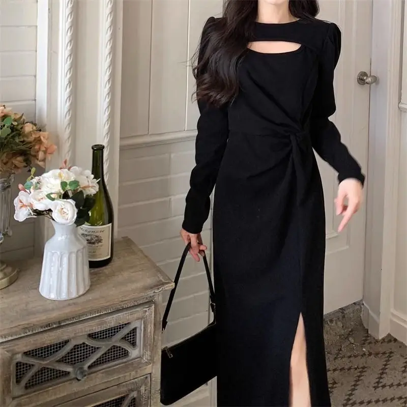 

Autumn Winter Hollow Out Dresses Waist Women's Clothing Long Sleeve Fashion Folds Split Basic Solid Color Bag Hip Midi Dress New