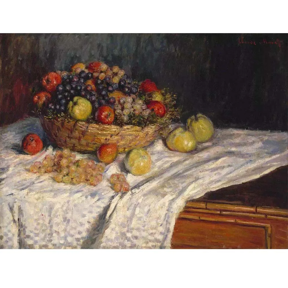 

Claude Monet artwork,Fruit Basket with Apples and Grapes,Still life oil painting on canvas,Decoration picture for dining room