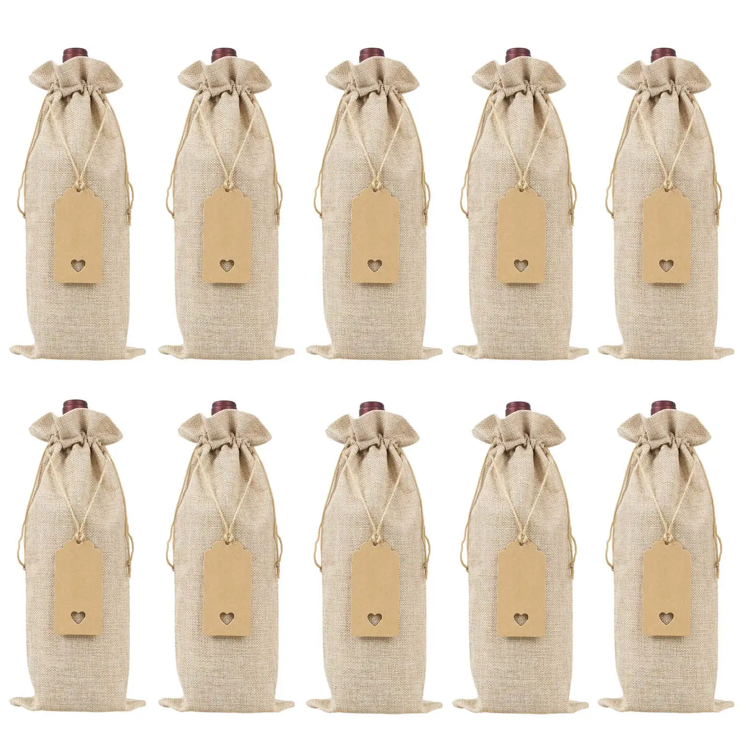 Burlap Wine Bags Wine Gift Bags with Drawstrings, Single Reusable Wine Bottle Covers with Ropes and Tags (10 Pcs)