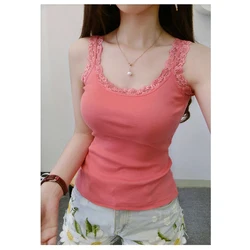 Women Tank Tops Summer O-neck Solid Color Female U-shaped Low Cut Lace Suspender Vest New Sleeveless Camisole For Ladies