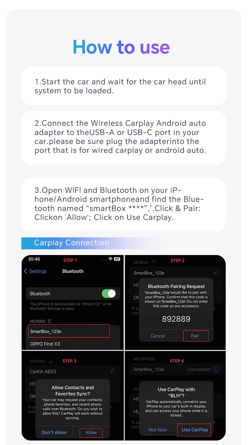 XUDA Kabelgebundener zu Kabelloser Carplay-Adapter, Kabelloses Android Auto für Peugeot 208 308 408 508 2008 3008 4008 5008 – Detail 17