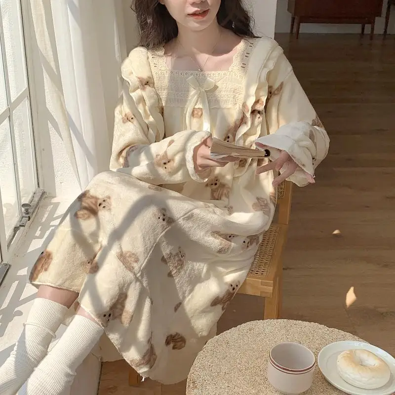 

Women's Pajamas Thickened Lace Flannel Autumn Winter Homewear Set Sweet Preppy Style Sleepcoat Female Girl's Student Loungewear