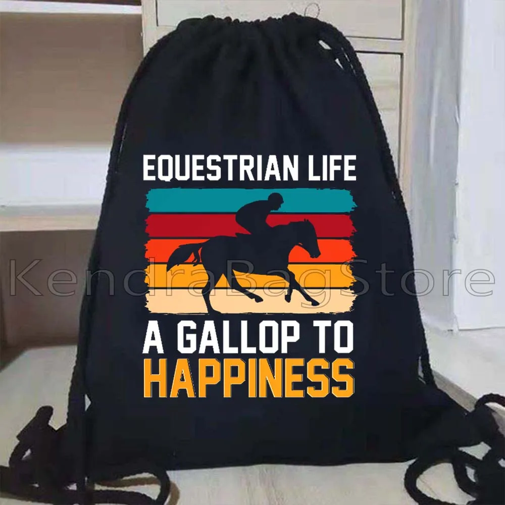 馬を愛した少女キャンバス巾着バックパックカラフルな馬ガールレーシング乗馬ギフトスポーツジムサックパックバッグ