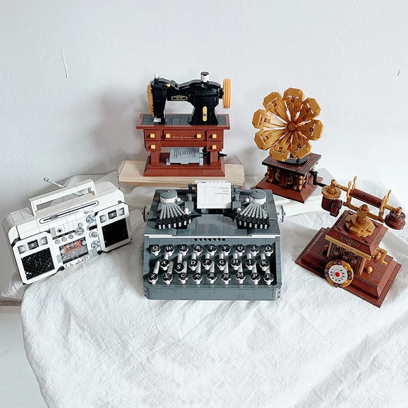 Lezi Retro Classic Sewing Machine Phonograph Radio Phone Typewriter Music Player Machine Mini Blocks Bricks Building Toy No Box