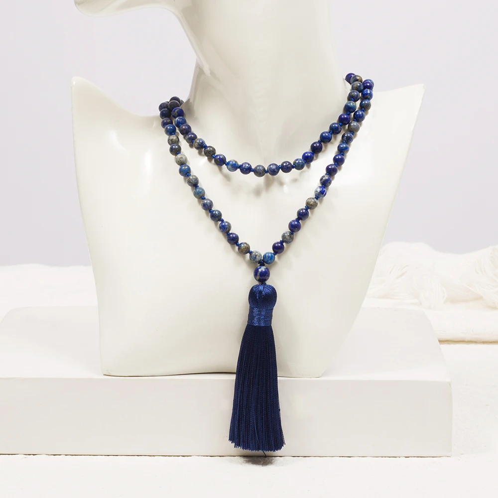 6mm Natural Lapis Lazuli Knotted 108 Mala Bead Necklace Meditation Prayer Rosary Japamala Jewelry for Men and Women