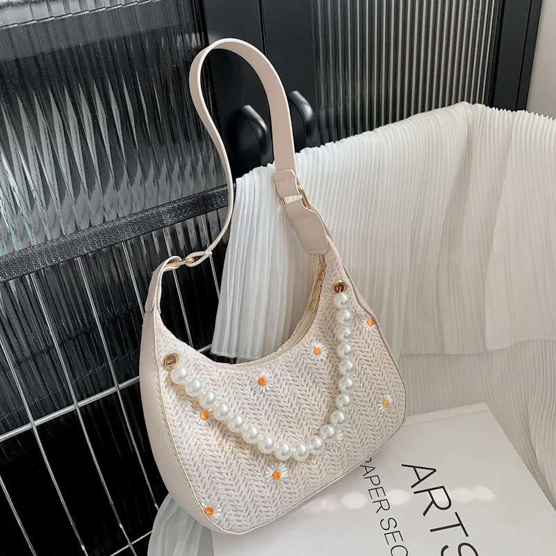 Fashion Flower Embroidery Straw Shoulder Messenger Bags Women's Pearl Design Woven Bag New Summer Beach Straw Bag Female Handbag