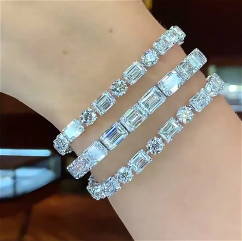 Luxury 925 Silver Bridal Jewelry Round Rectangle Diamond Bracelet Bangle for Women Wedding Gift Jewelry Wholesale on Hand Love