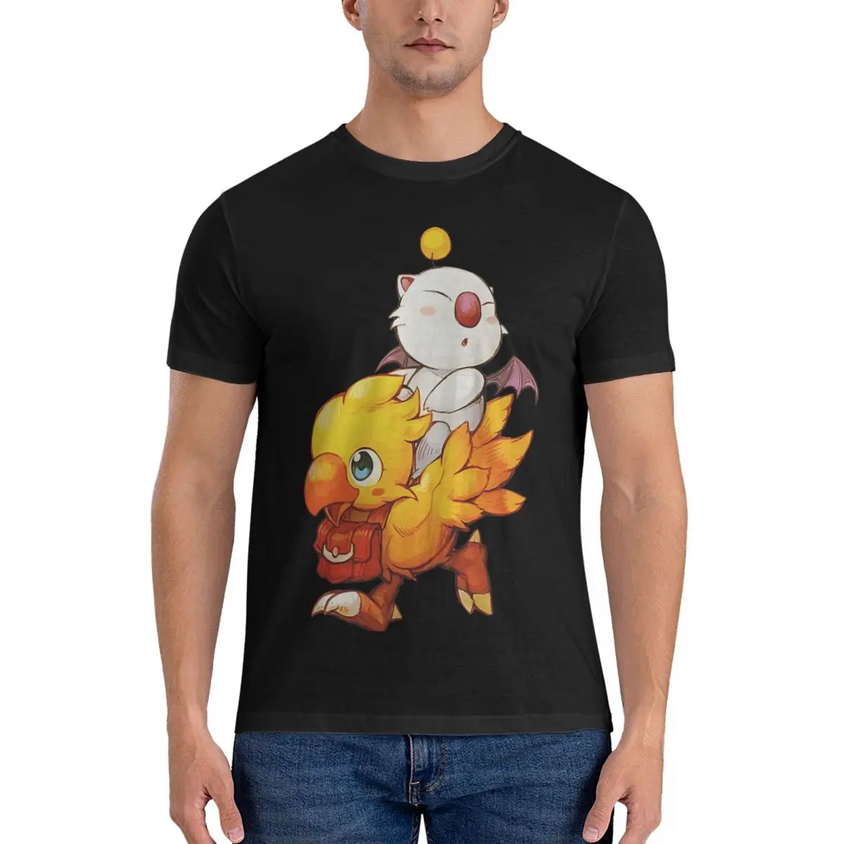 Men's T-Shirt Chocobo & Moogle Funny Cotton Tees Short Sleeve Final Fantasy T Shirts O Neck Clothing Birthday Present