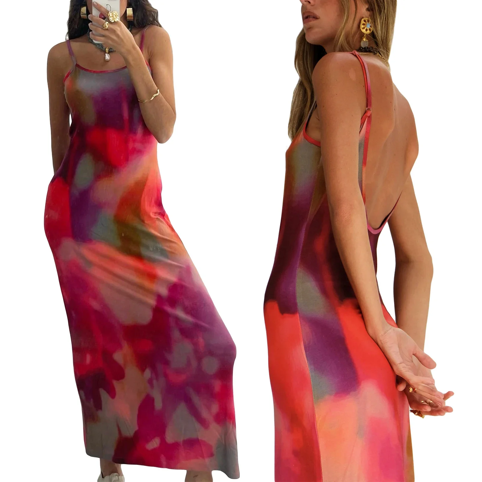 Women Slip Sleeveless Dress Summer Tie-Dye Floral Print Backless Party Dress for Vacation Cocktail Beach Streetwear