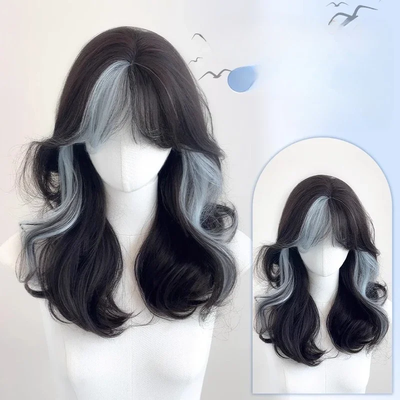 Wig Black Wavy Hair for Daily Use Party wigs with bangs heat resistant Synthetic for Women Cosplay lolita Headband Wigs