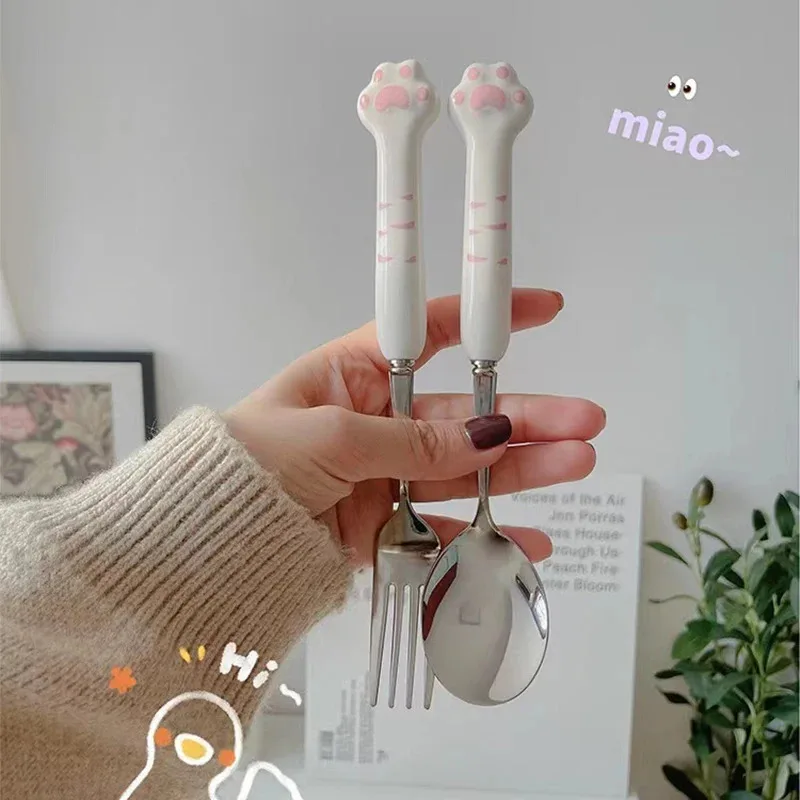

Aesthetic Cat Paw Tableware Set Cute Pink Stainless Steel Spoon Fork with Portable Case Healing Style Travel Cutlery for Kids