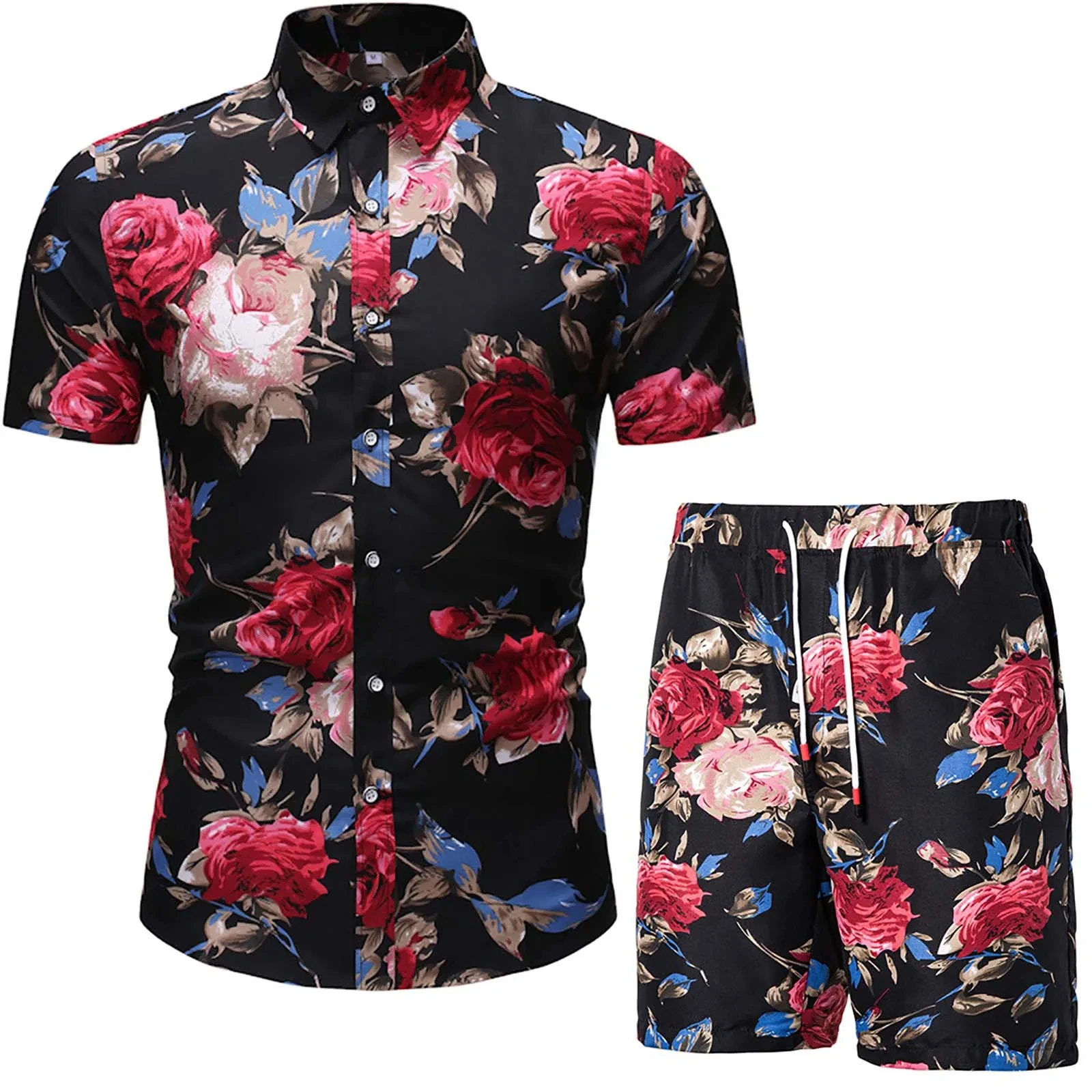 3D Full Print Rose Flower Pattern Men's Short-Sleeved Shirt Set Daily Street Trend Outfit Outdoor Loose Comfortable Men Clothing