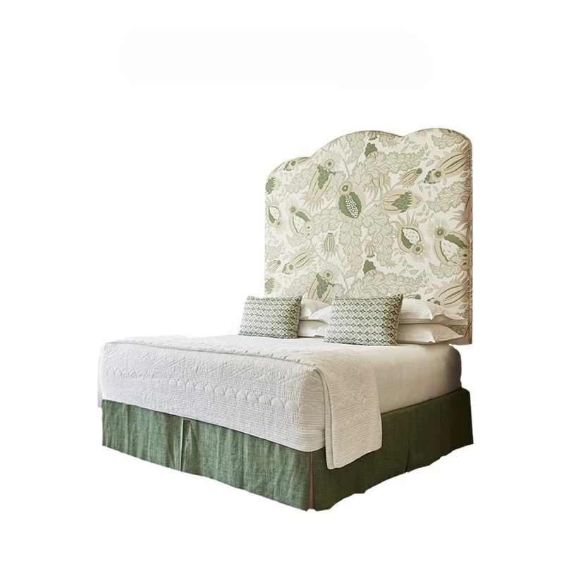 Retro fabric solid wood bed//Storage high box double wedding bed/American country bed