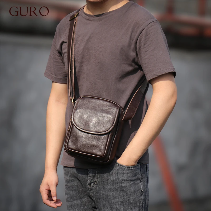 GURO High Quality Head Layer Cowhide Shoulder Bag Men\'s Genuine Leather Small Crossbody Man\'s Luxury Satchel Daily Mobile Pouch