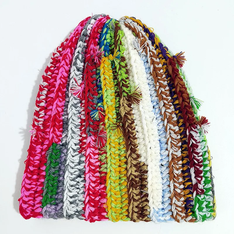 Gorro de lana hecho a mano de color dopamina para mujer, gorro grueso y cálido de Hip-hop para otoño e invierno, jersey para el frío