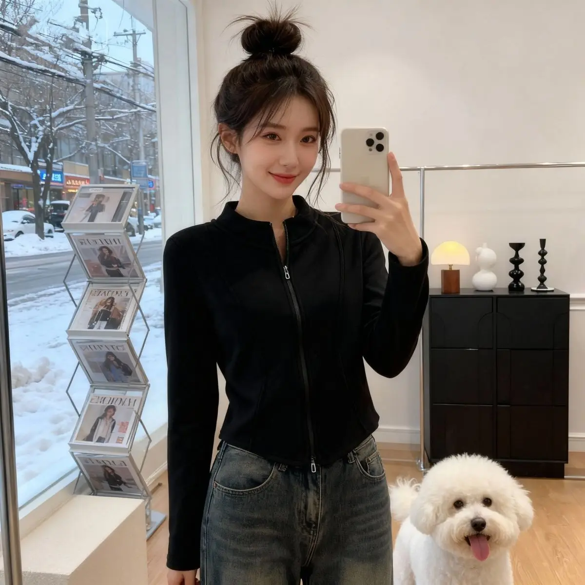 

Warm Fce Lined ort Jaet Women's Slim Fit Sle Autumn Winter Stand Collar Double Zipper Small Waist Outerwear Coat