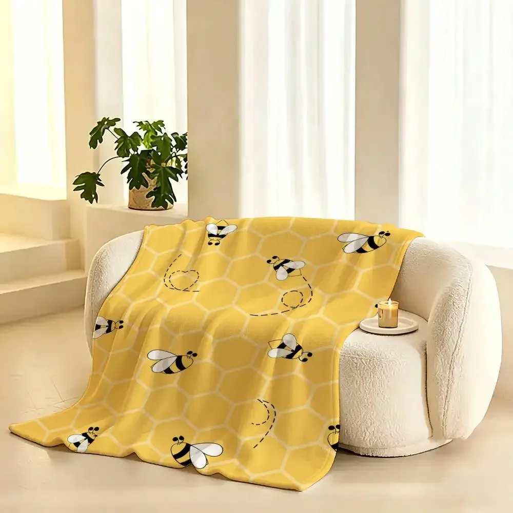 Cute Bee Pattern Throw Blanket Yellow Hexagon Design Cozy Living Room Sofa Bedding Gift