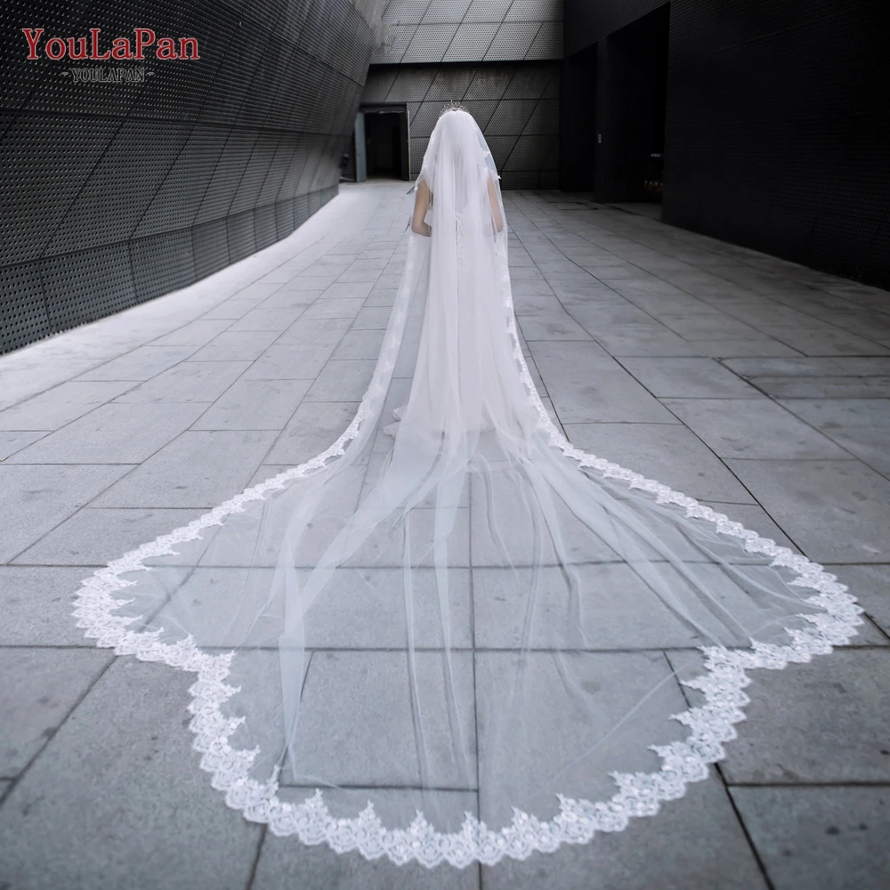 YouLaPan V152 Bridal Veils Mantilla Full Lace Edge Wedding Veil Cathedral Length Scallop Lace Trim Extra Long Royal Wedding Veil