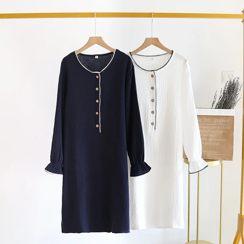 

Causal 100% Cotton Dress Women Clothing Long Sleeve Double-layer Pleated Solid Gauze Loose Midi Dresses Female Long Robe Outwear