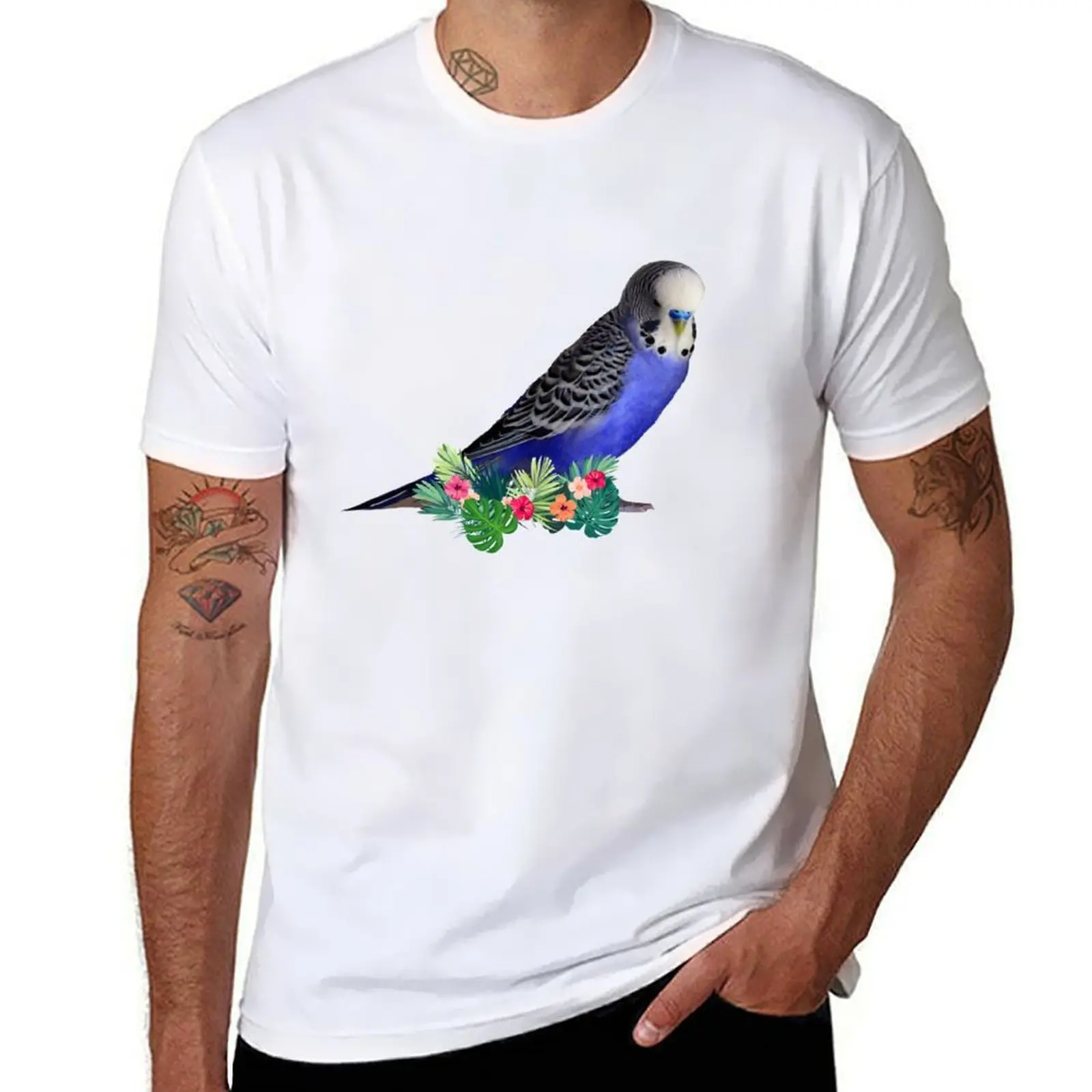 

Blue Budgie Parakeet with Tropical Flowers T-Shirt t shirts for man graphic tees funny t shirts man T-Shirt