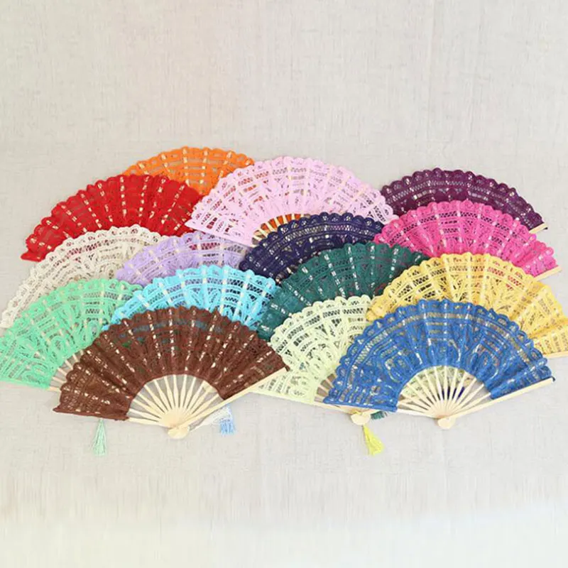 27Cm Lace Folding Handheld Fan Embroidered Bridal Hand Fan with Bamboo Staves for Wedding Decoration Dancing Party