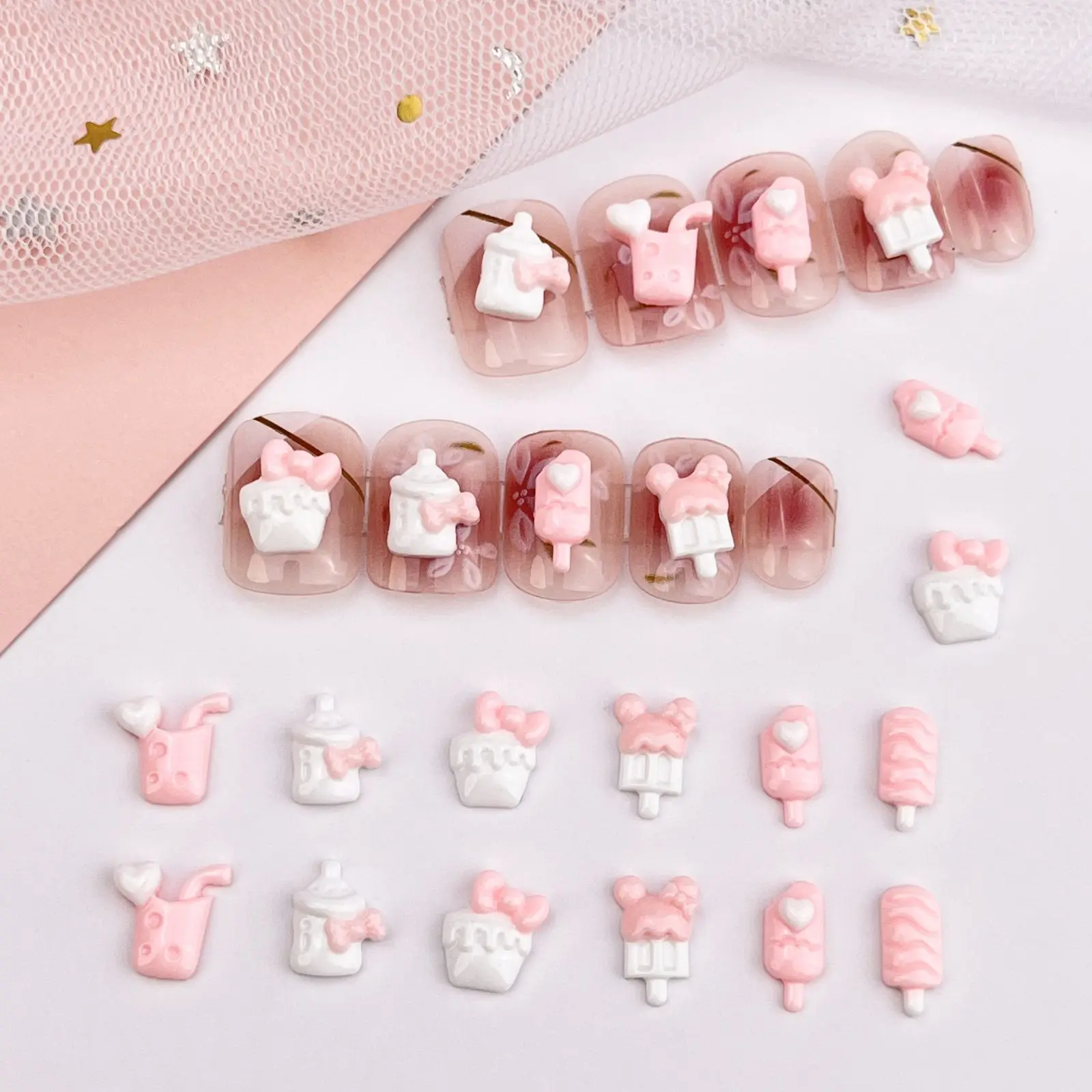 

20pcs Kawaii Nail Charms y2k Bulk 3D Cute Pink Ice Cream Nail Art Accessories Summer Flatback Resin Rhinestones Nail Decorations