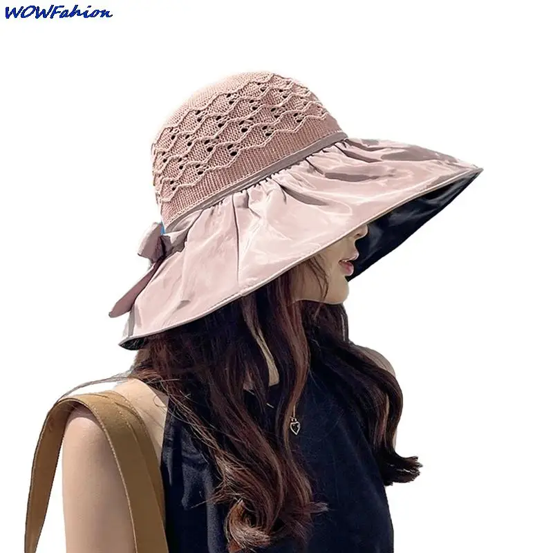 

Anti-UV Hat Woman's Beach Sun Hats Leisure Journey Outdoors Vacation Accessories Foldable Big Brimmed Bow Knitted Hat