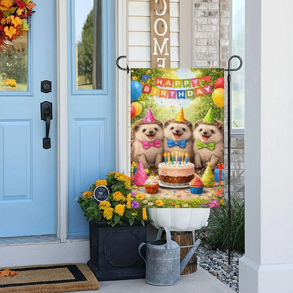 Hedgehog Garden Flag Happy Birthday Party Vibrant Colors Cartoon Style Double Sided Outside Yard Decoration Small Yard Flag  yyi