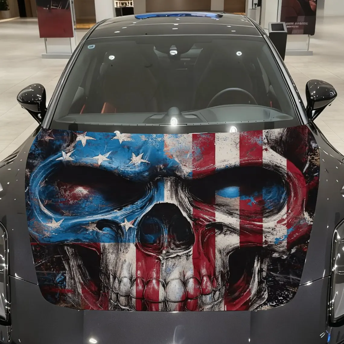 

National Flag Element Skull Car Hood Film Stickers, Fashion Graphic Stickers, Self-adhesive Wear-resistant, Car Decoration Stick
