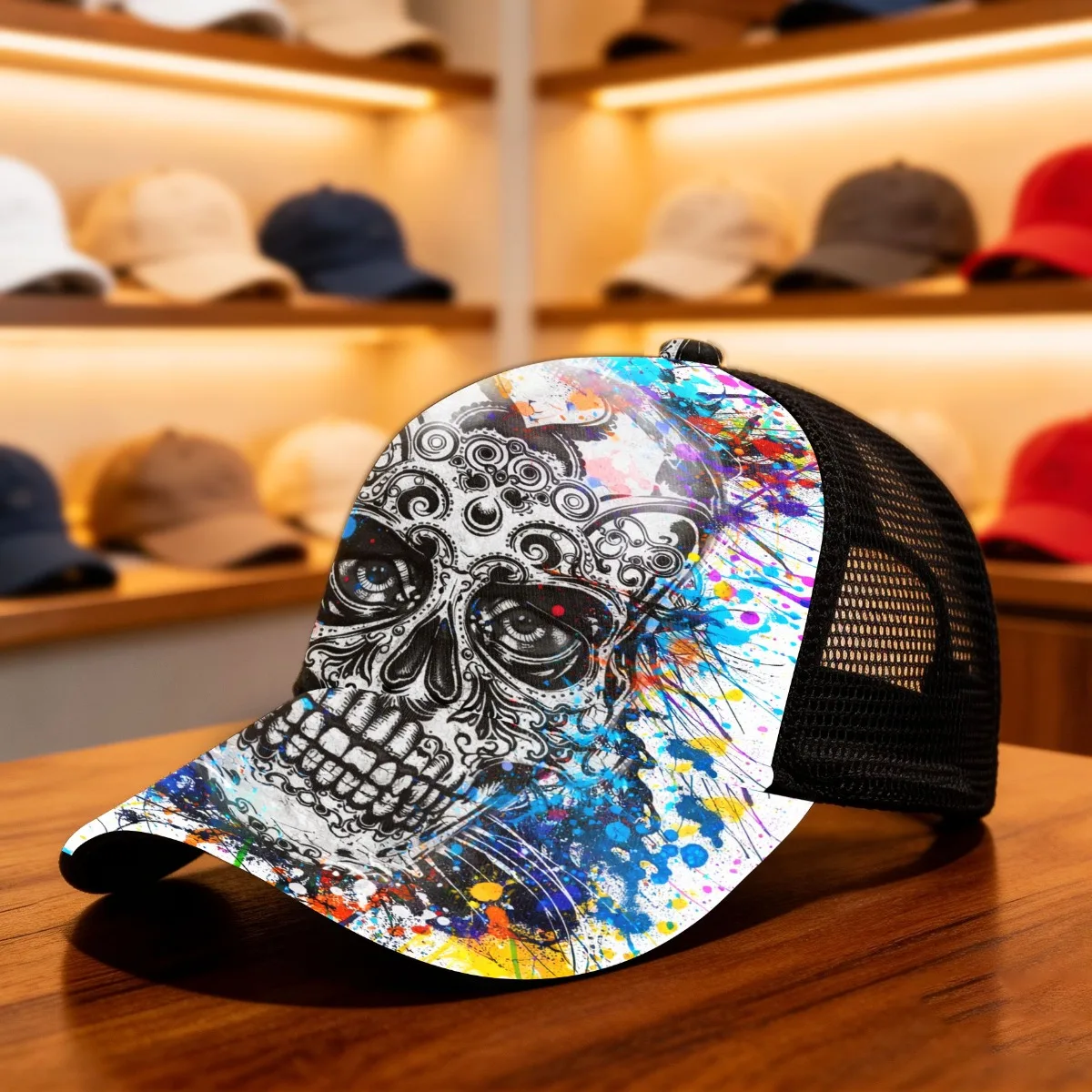 1pc Vibrant Skull Splash Art Adjustable Snapback Cap Mesh Cap Perfect for All-Day Use Comfortable All-Season Hat