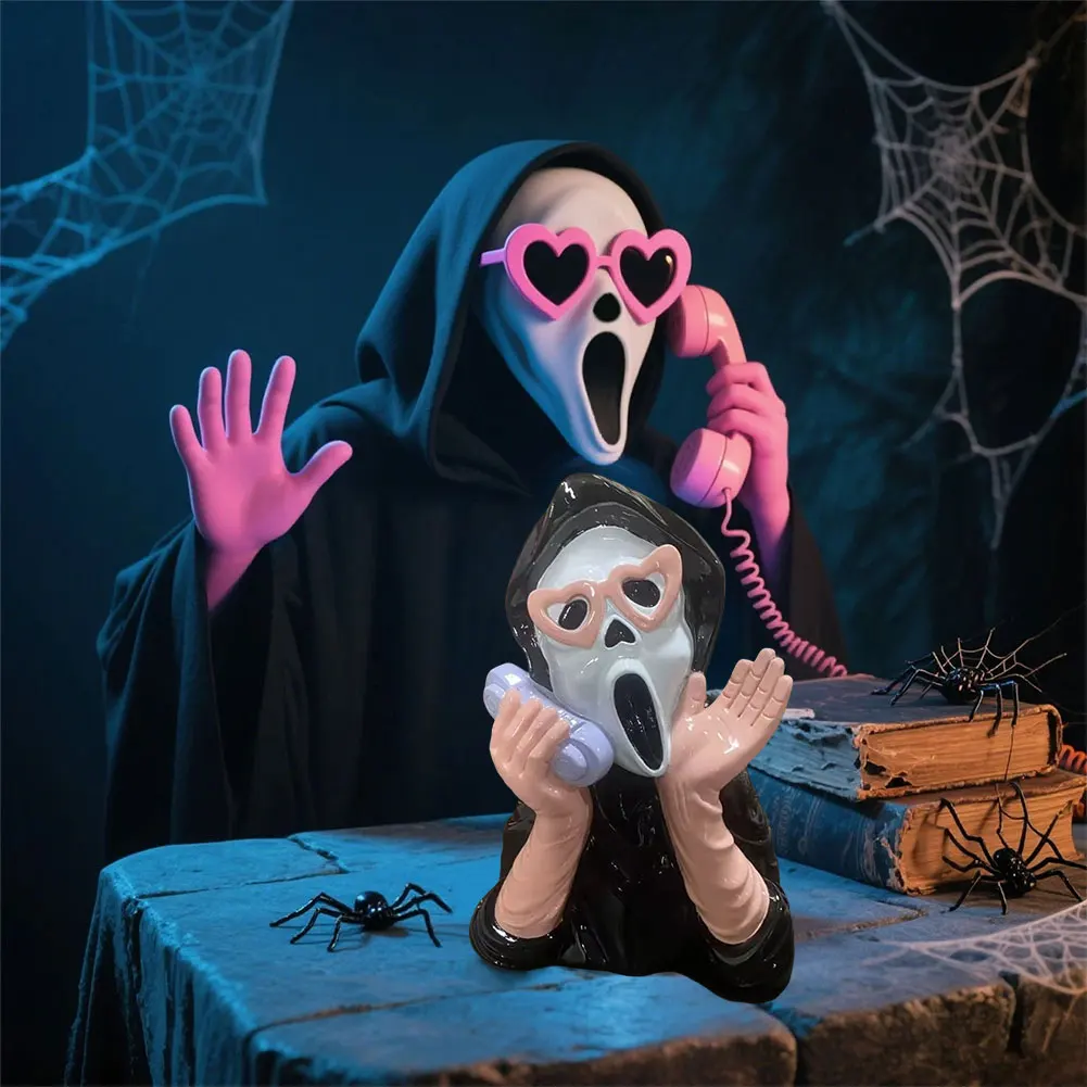 クリエイティブなハロウィン樹脂製オーナメント、叫ぶ女の子の電話の幽霊像デコレーション、ハロウィンパーティーやゲームルームの装飾小物