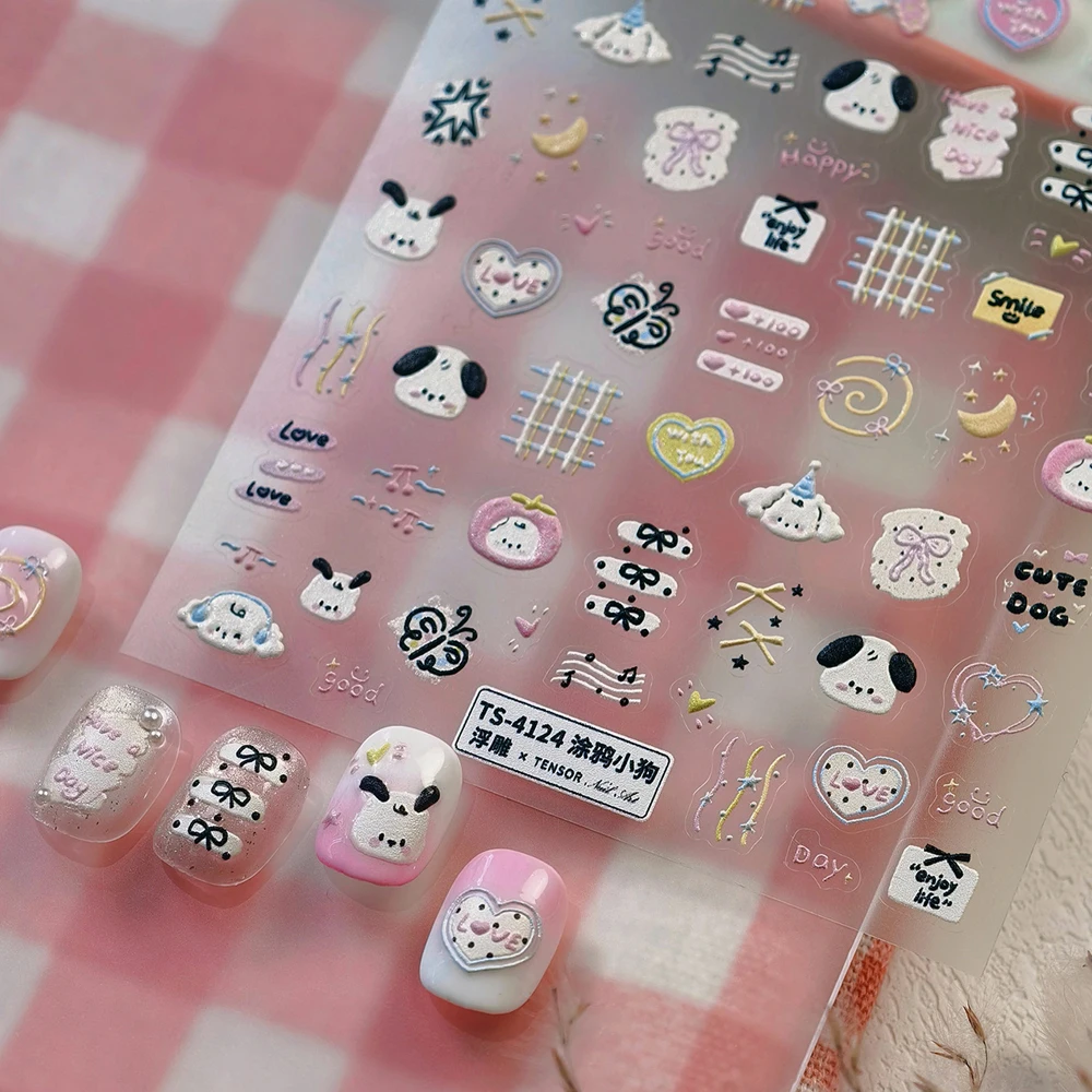 

Kawaii Animal Doodle 5D Nail Art Stickers Puppy Butterfly Hearts Moon Star Bowknot Music Note Cute Cartoon Nail Manicure Decal