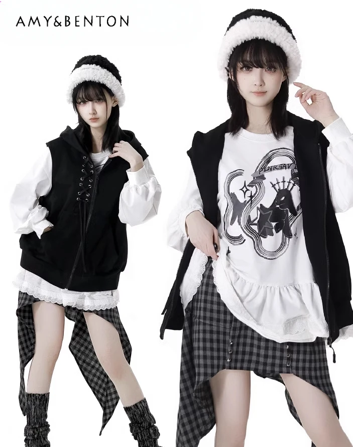 

Preppy Style Sweet Cool Girl Casual Lace Splicing Long-sleeved T-shirt Strap Hooded Vest Sets Mini Plaid Skirt Harajuku Outfits