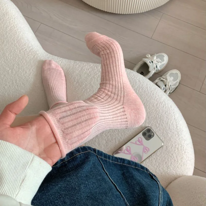 

Loose Pink Socks Women Cotton Ultrathin Breathable Candy Color Simple High Sports Socks Casual Elastic Breathable Slouch Socks