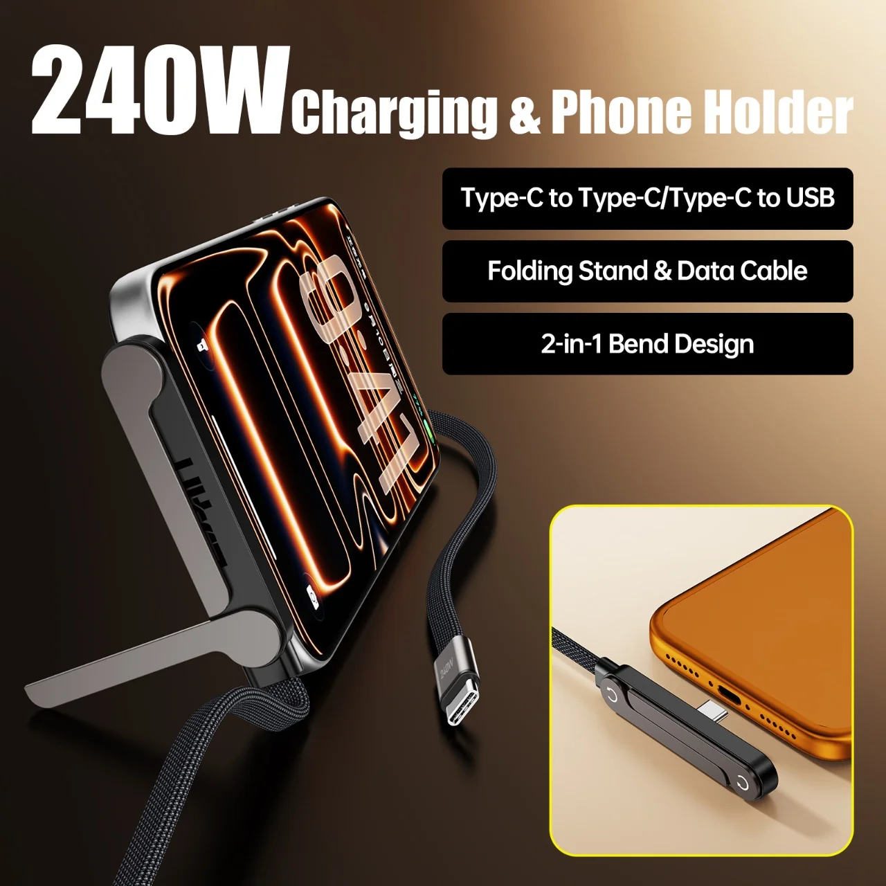 240W PD Fast Charging Type C to Type C Cable USB A to Type C Cable with Foldable Stand Phone Holder for iPhone Xiaomi HUAWEI - view 4