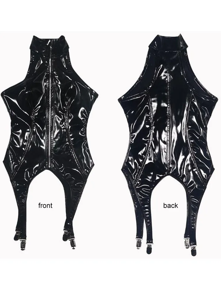 4 قطعة/المجموعة نظرة ويت PVC Catsuit لامعة بو الجلود تأثيري الزي Crotchless ارتداءها الجوارب مثير الجسم الرباط حزام جوارب قفازات