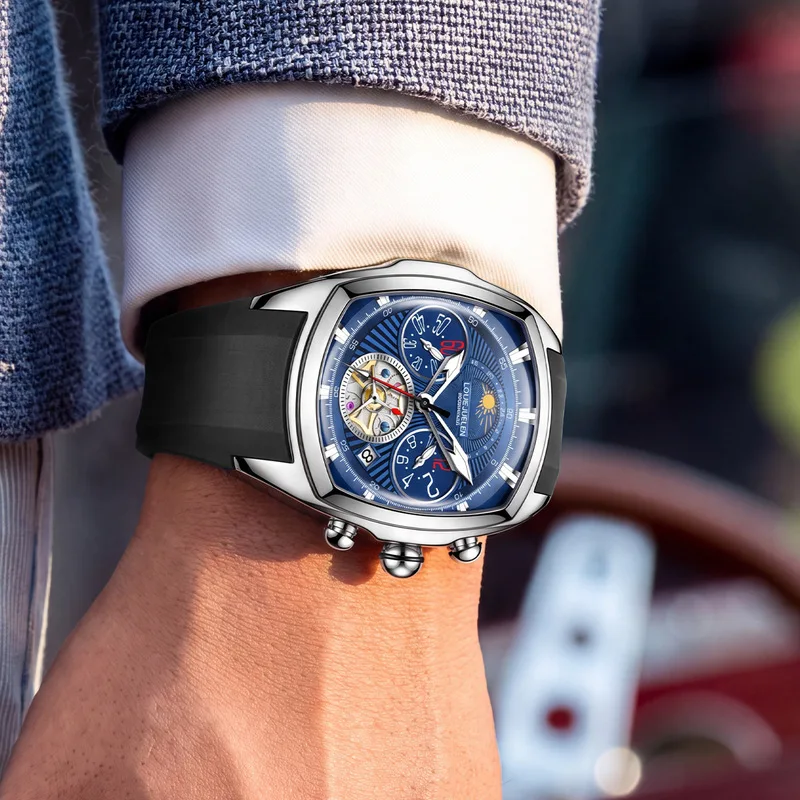Men's Luxury Quartz Watch with Dual Sub-Dials Chronograph Skeleton Tourbillon Moon Phase Date Silicone Barrel Case Wristwatch