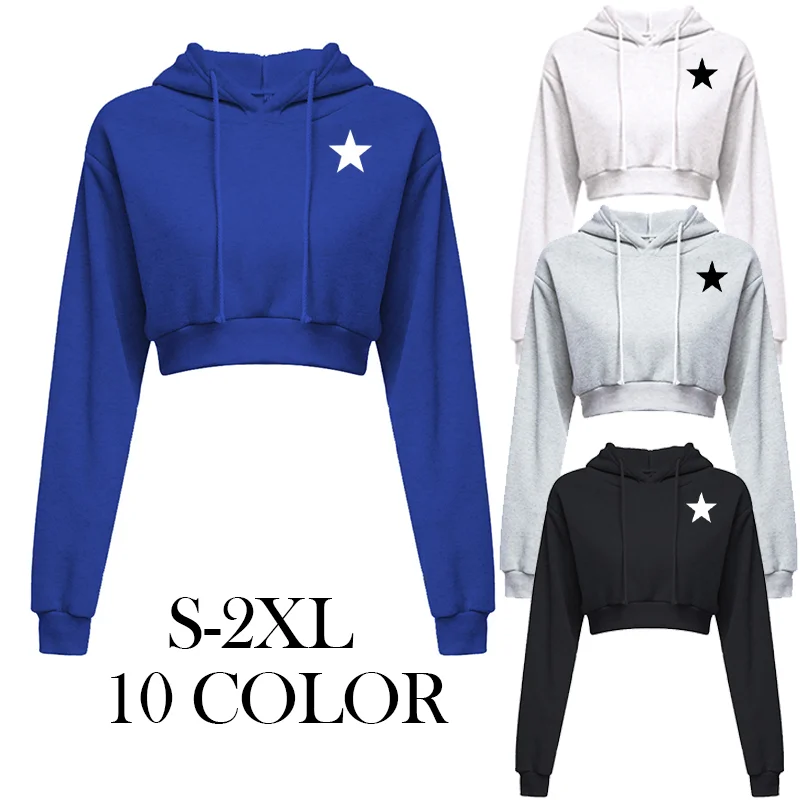 Casual Sweatshirt Long Sleeve Hooded Basic Short Sweatshirt Sexy Solid Color Star Logo Women's Pullover Hoodie Top