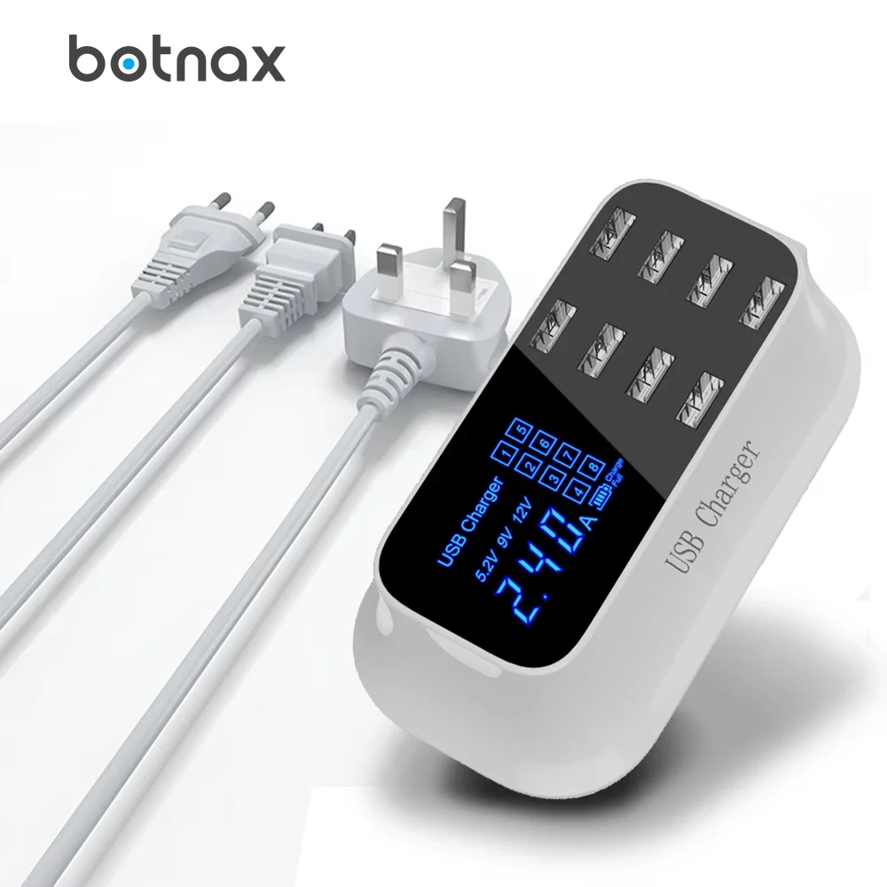 

botnax Smart Chip USB Charger Dock Station Led Display Mobile Phone Tablet Charging Desktop Power Adapter Socket Strip 2.4A