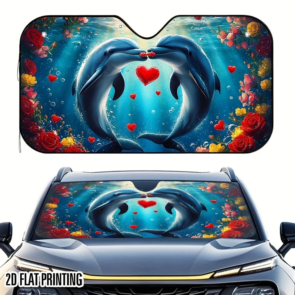 1pc 2D Flat Dolphin Heart Dance Print Car Sunshade – High-Quality Print, Foldable & Easy To Install, 4 Suction Cups, Keeps Your