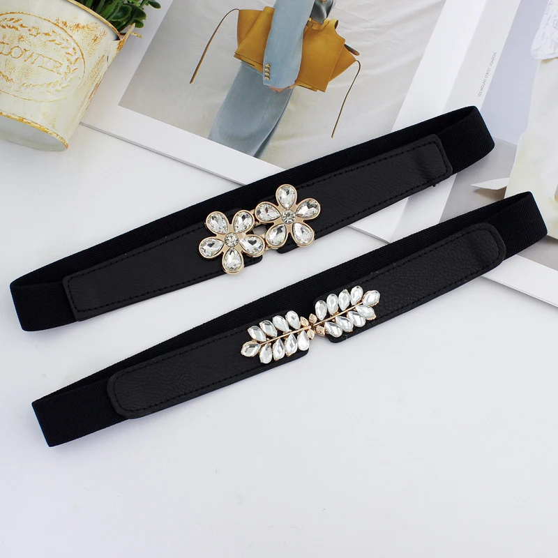 Fashion 63*2.5 cm Vintage Elastic Stretch Waistband Crystal Belt Cinch Waist Women Wide Waist Belt Cummerbunds Female Belt