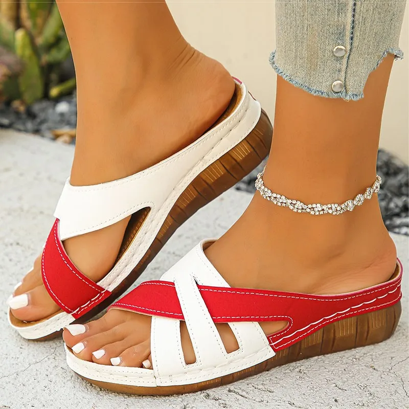 

Heels Women's Sandals Mix Color Summer Shoes For Woman Sandals Slip On Wedge Heels Slippers Summer Sandals Beach Shoes Women