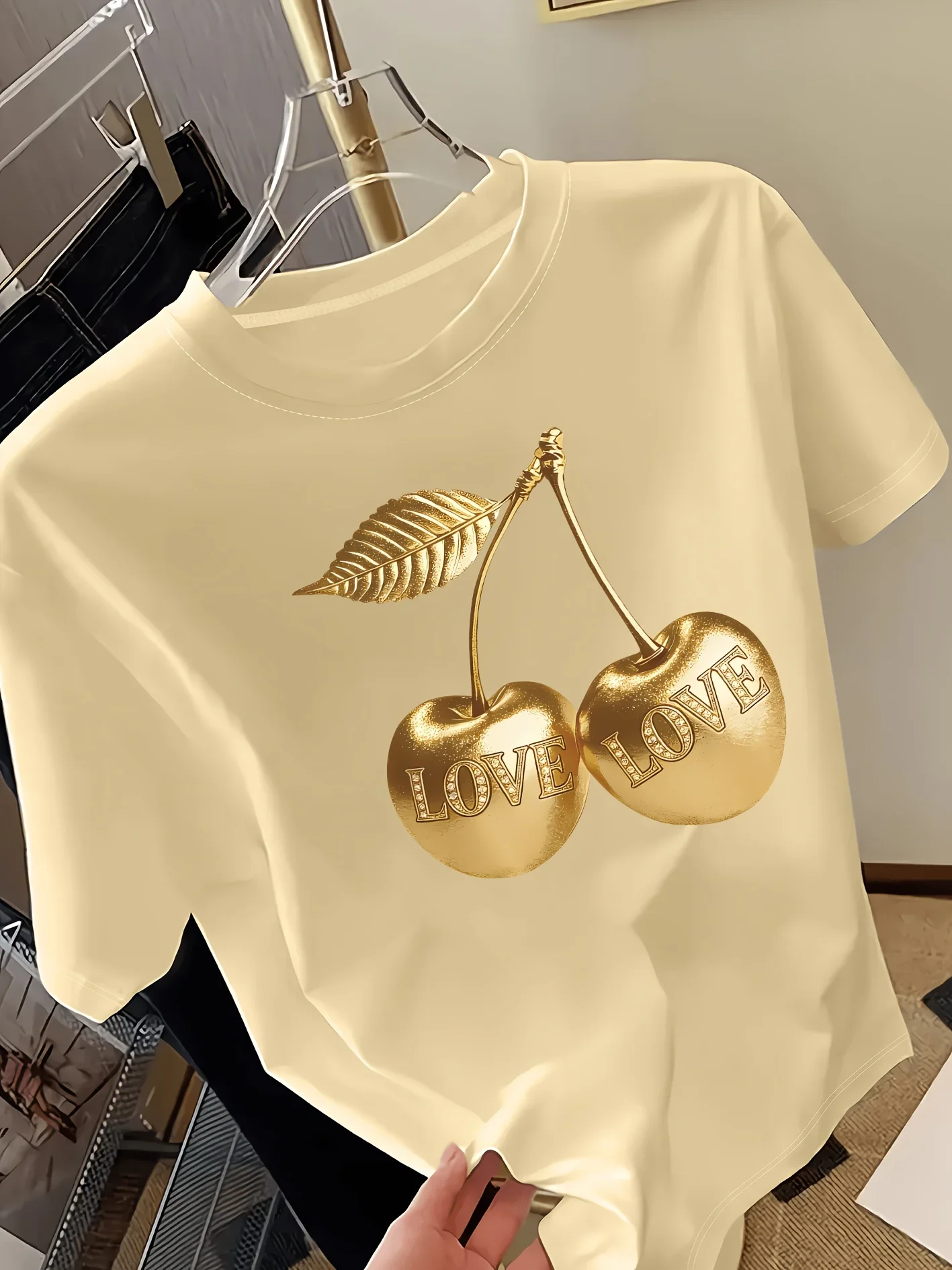 Golden Cherry Printed Women'S Short Sleeve T-Shirt Fashionable Casual Tee Women'S Casual Spring/Summer Women'S T-Shirt