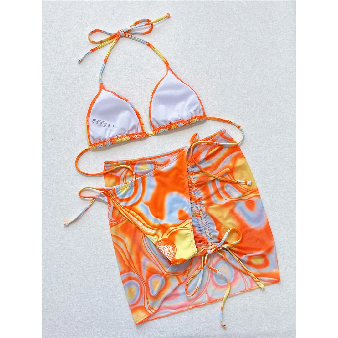 Mit Rock, Batikmuster, Neckholder, hoch geschnittenem Bikini, Damen-Badebekleidung, dreiteiliger Bikini-Set, Badeanzug, Badebekleidung, Schwimmbekleidung V4717 – Detail 16