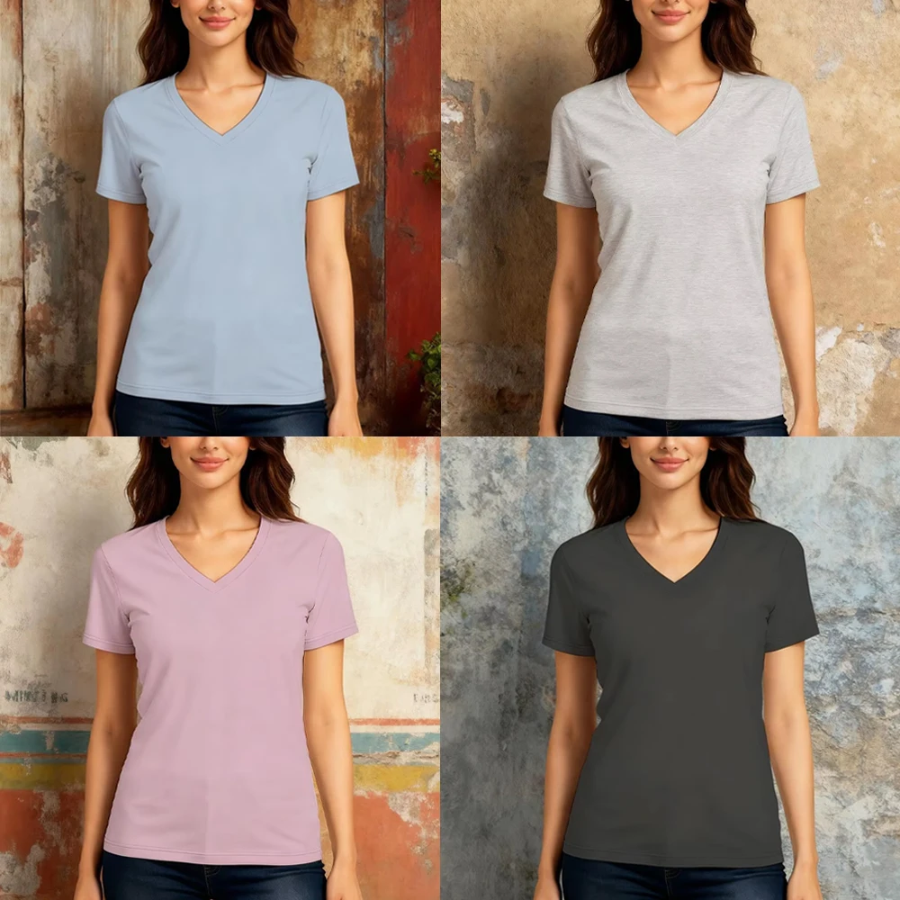 

2025 New Women Solid Color V-Neck T-Shirt Outdoor Breathable Casual Slim Fit Short Sleeve Summer Fashion Everyday Versatile Item