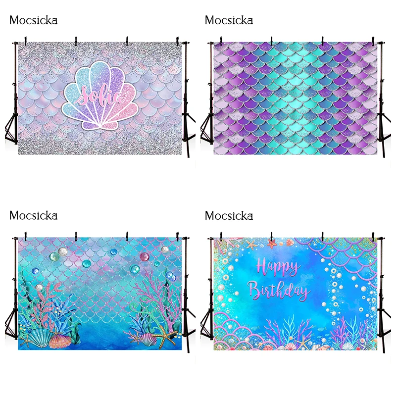 Arrière-plan de photographie sirène à paillettes, château sous-marin, décoration de fête d'anniversaire pour nouveau-né, gâteau Smash, accessoires Photo