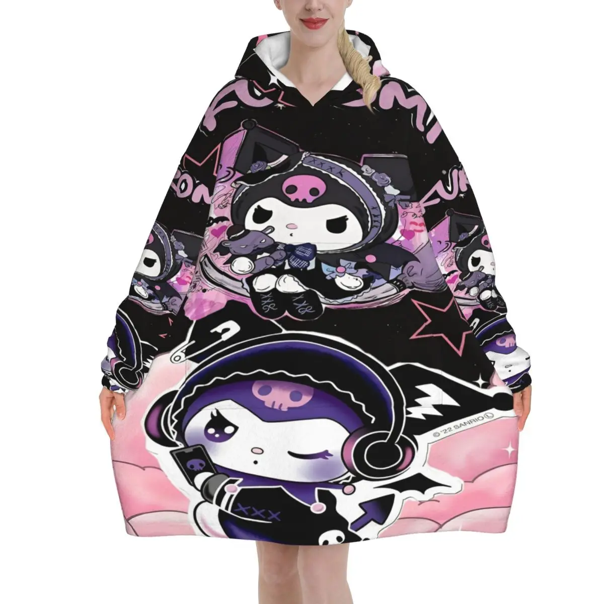 

Негабаритное милое носимое одеяло с героями мультфильмов Kuromi, подарки для женщин и мужчин, ультрамягкие плюшевые теплые толстовки, одеяла с карманом