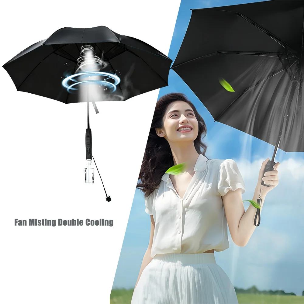 USB Rechargeable Misting Cooling Sun Umbrella Large Straight Long Handle Parasol Built In Cooling Fan Anti UV Sun Protection