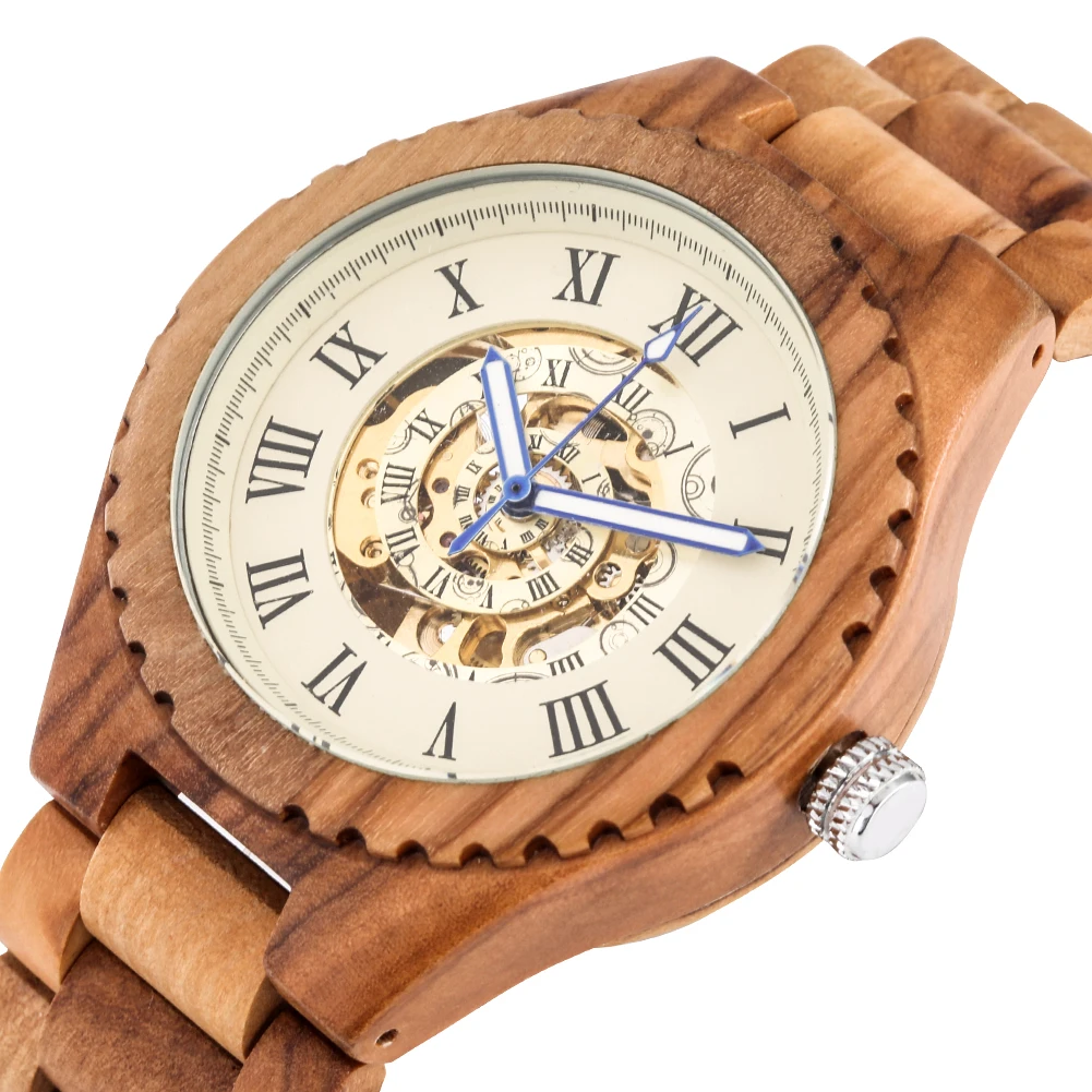 

Full Wooden Mechanical Self Winding Men's Wristwatch Folding Clasp Wood Bracelet Watch Band Roman Numerals Blue Pointers Display