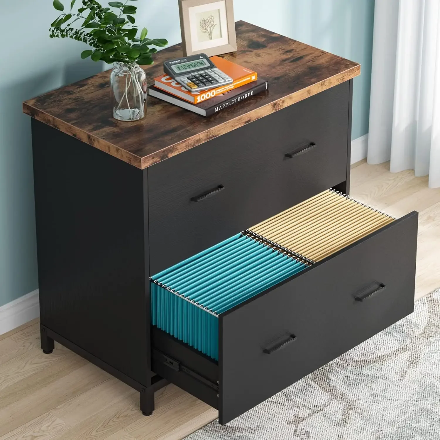 2-Drawer File Cabinet, Wood Lateral Filing Cabinet, Home Office File Cabinet for A4, Letter Size, Brown & Black